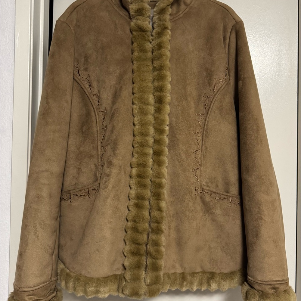 Tan Faux Fur Trimmed Women's Jacket
